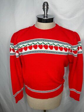 Vintage Red Sweater Apple Pattern Sz L 80's Puffy Sleeve Teacher Preppy